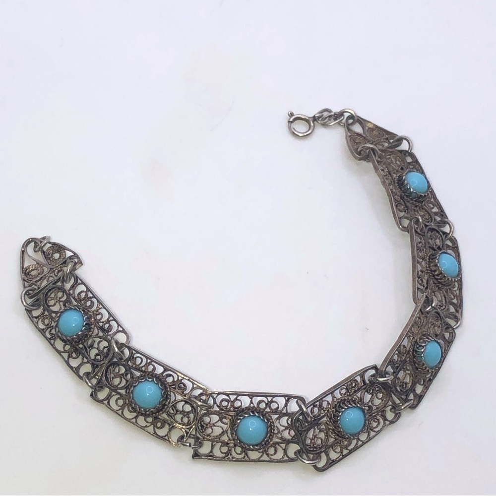 Vtg Sterling Turquoise Cabochon Filigree Panel Link Bracelet 8”